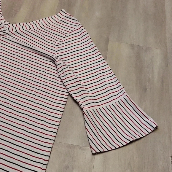 J Jill Striped 3 Quarter Bell Sleeve V Neck White Red Blue Blouse Womens Size L‎ - Picture 5 of 8